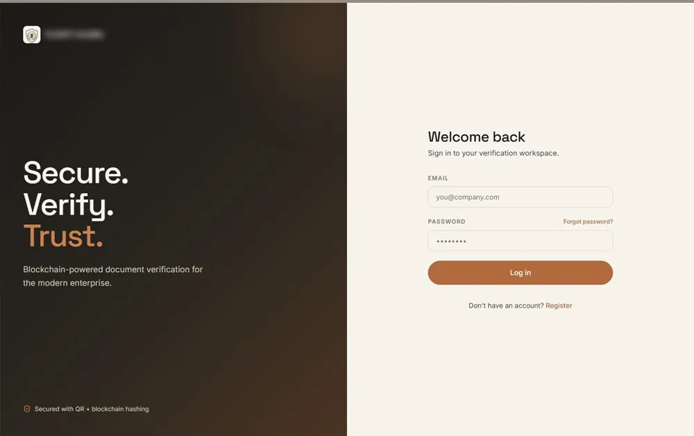 Sign-in: "Secure. Verify. Trust." over a dark panel, the verification workspace login beside it, footed with a note that documents are secured by QR and blockchain hashing