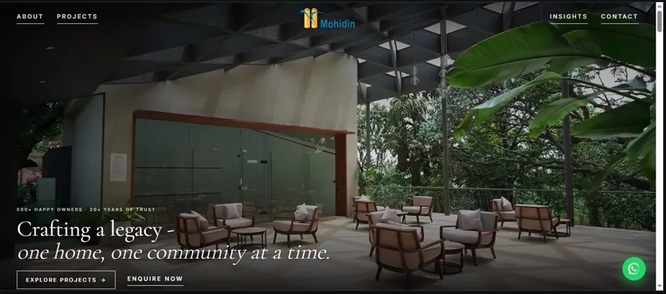 Developer site hero: a covered terrace opening onto trees, over the line "Crafting a legacy — one home, one community at a time"