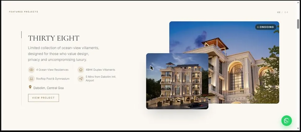 Featured project panel: ocean-view villaments, with amenity chips and location, beside overlapping renders of the facade at dusk