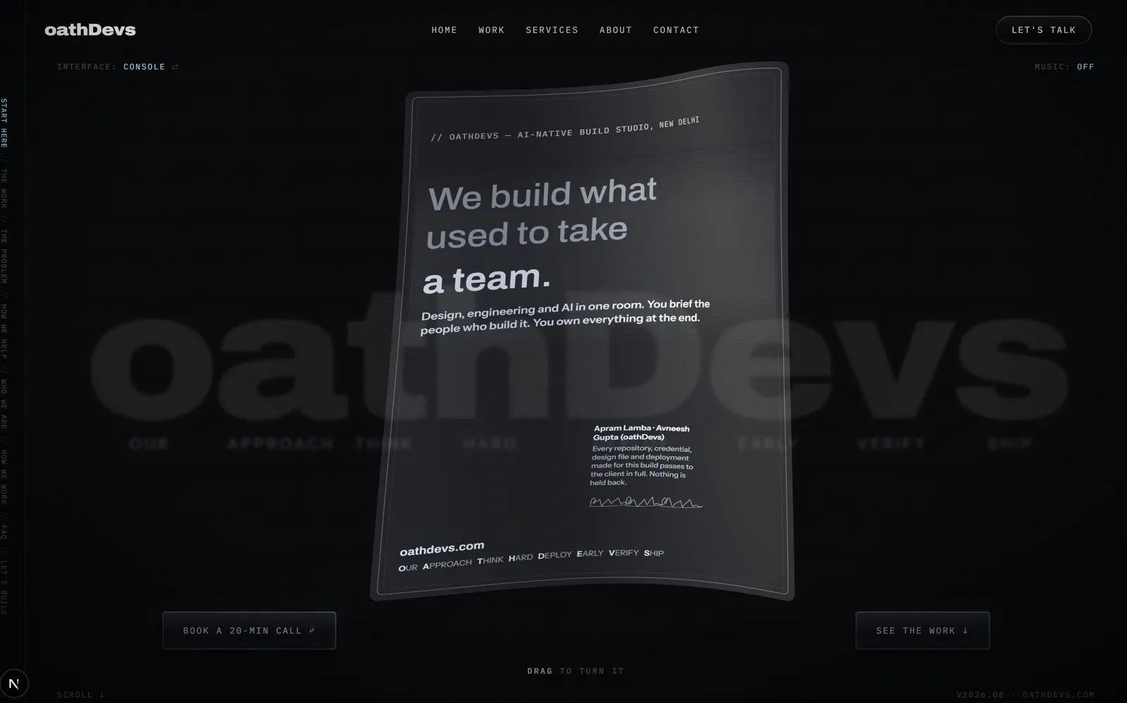 The hero: a real-time 3D sheet you grab and turn, not a video